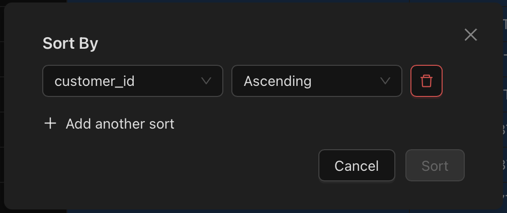 img stg_order_summaries Sort Dialog